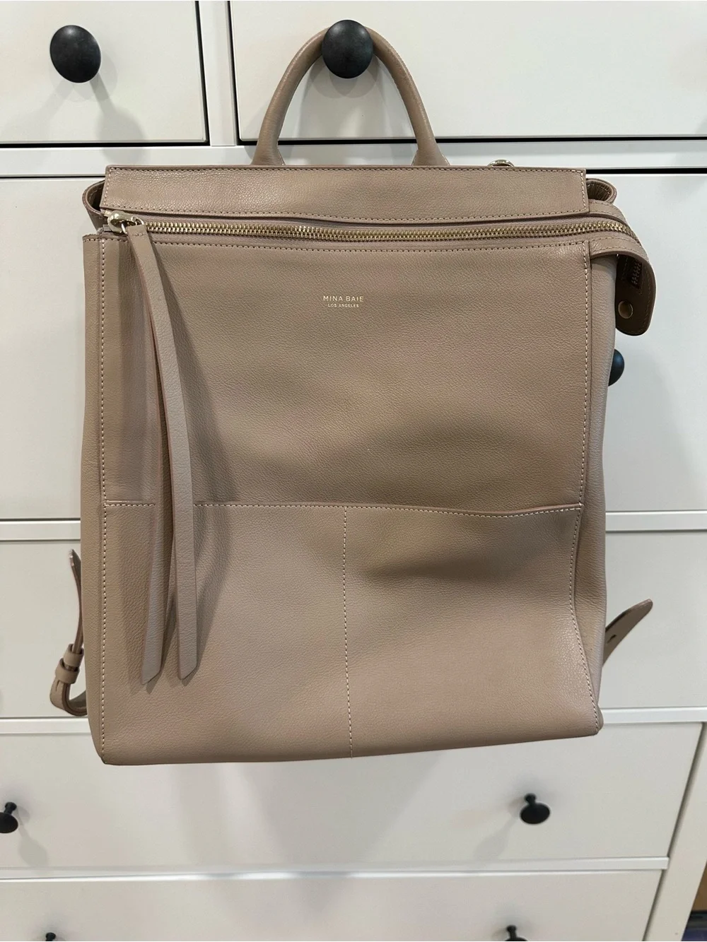 Mina Baie Taupe Leather Backpack- Diaper bag
